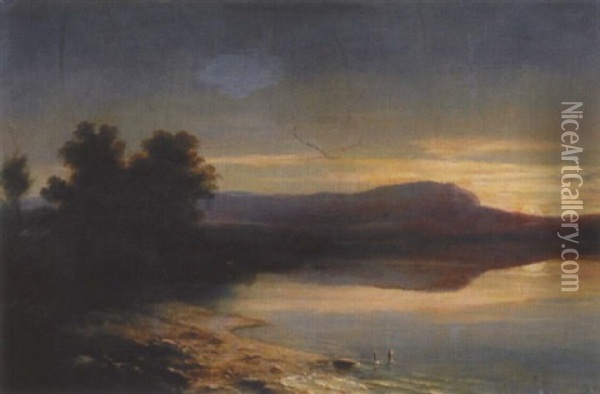 Uferlandschaft Bei Sonnenuntergang Oil Painting - Adolf Heinrich Lier