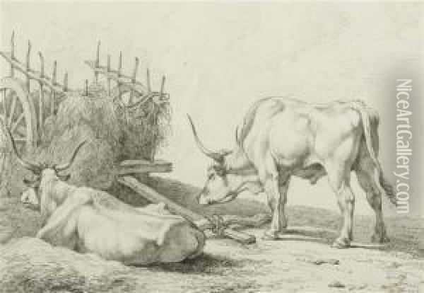 Hay Wagon With Oxen Reclining And Standing Oil Painting - Hendrik Voogd
