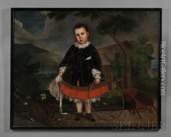 Portrait Of A Boy Holding A Hoop In The Garden With His Dog Oil Painting - Timothy Allen Gladding