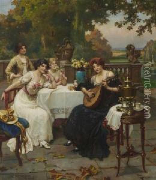 Musikalische Unterhaltung Auf Der Terrasse. Oil Painting - Wilhelm Menzler Casel