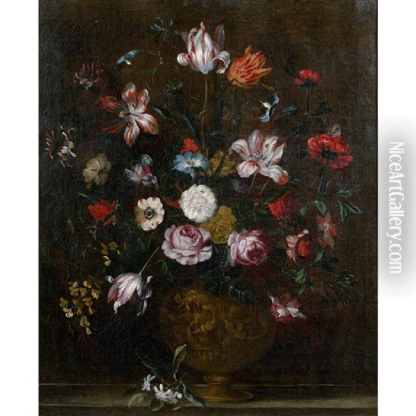 Bouquet De Fleurs Dans Un Vase Baroque Sur Un Entablement Oil Painting - Pieter Hardime
