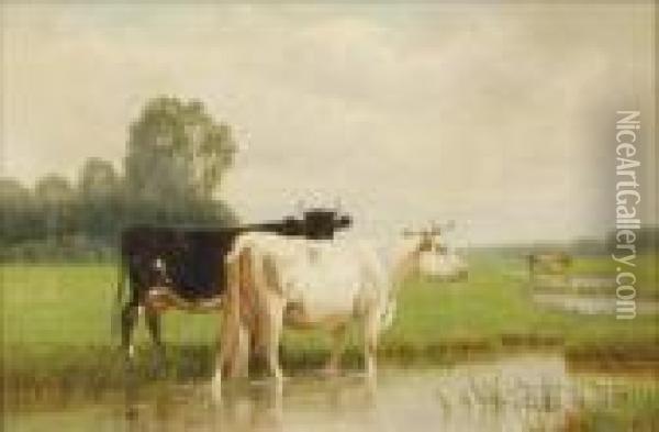 Cows Watering Oil Painting - Clinton Loveridge