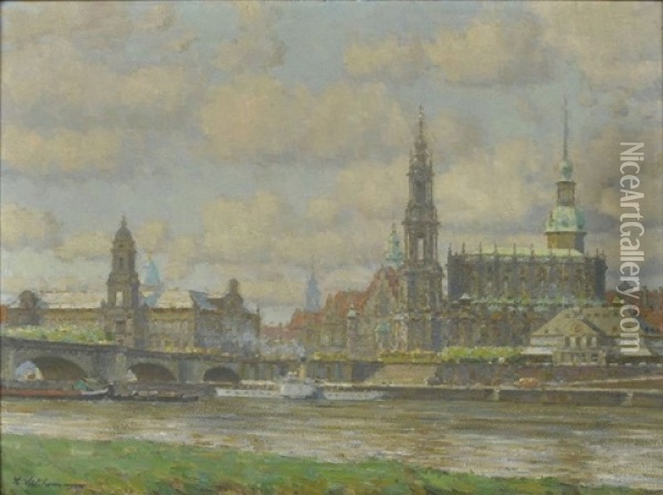 Ansicht Von Dresden: Blick Auf Die Altstadt Mit Augustusbrucke An Einem Sommertag Oil Painting - Ludwig Muhrmann