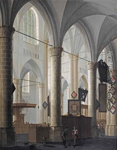 The Interior Of The Grote Kerk In Dordrecht, With Figures Conversing And Children Playing Oil Painting - Daniel de Blieck