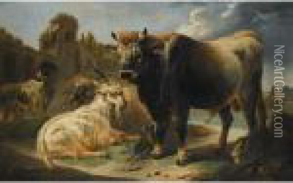Rocky Landscape With A Bull Goat
 Ram And Sheepdog Before A Set Of Ruins A 
Shepherd And Flock Beyond Oil Painting - Philipp Peter Roos