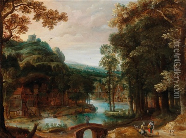 A Wooded River Landscape With A Village And Travellers Oil Painting - Adriaen Van Stalbemt