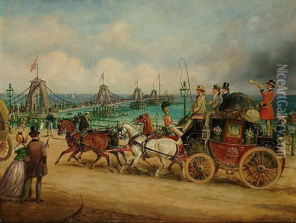 The Portsmouth To Hastings Mail Coach Passing The Old Chain Pier, Brighton Oil Painting - George Wright