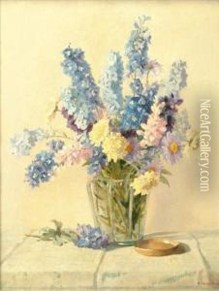 Still Life, Flowerson A Ledge Oil Painting - Freda, Nee Clulow Marston