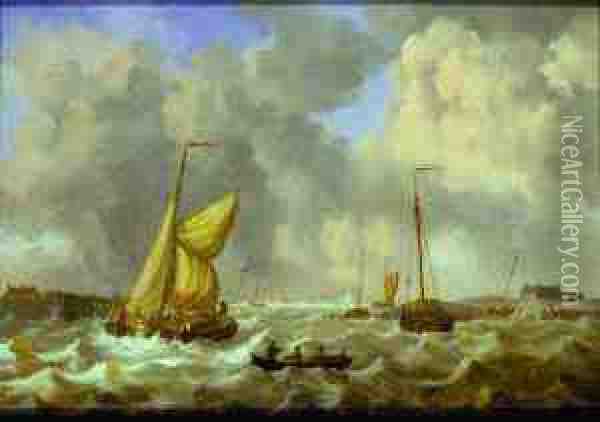 Fisherboats On Rough Seas In A Harbor Oil Painting - Joseph Sipkes