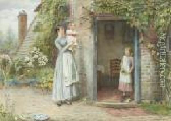 Mother And Children Outside A Cottagedoor Oil Painting - George Goodwin Kilburne