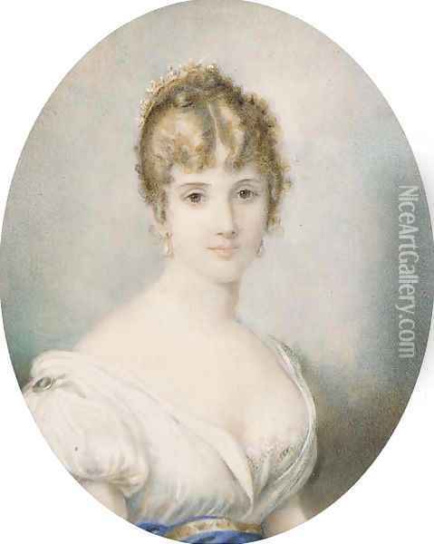 Portrait of a lady, bust-length, in a white dress with a blue sash, a comb in her upswept hair Oil Painting - English School