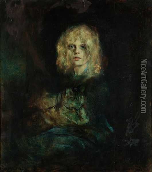 Marion Mit Katze Oil Painting - Franz Seraph von Lenbach