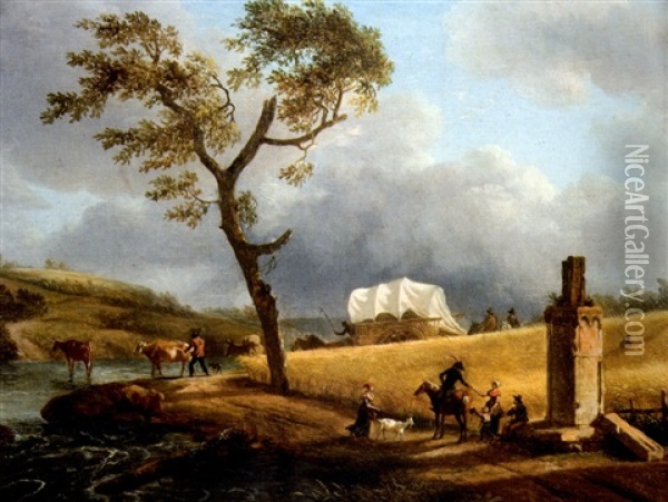 Vaches Et Chariot Traversant Une Riviere Ou La Halte A La Riviere Oil Painting - Jean-Louis Demarne