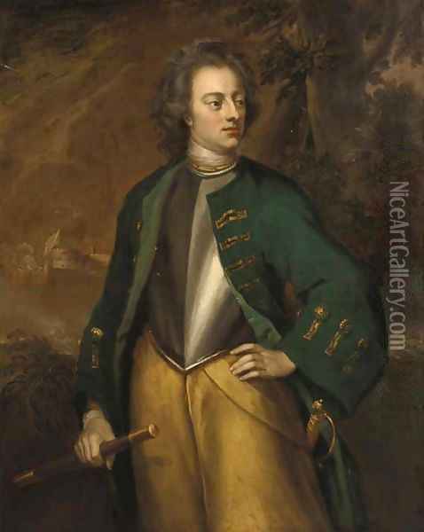 Portrait of a gentleman, standing three-quarter-length, in a green coat and breastplate, holding a baton, a battle raging beyond Oil Painting - Richardson. Jonathan