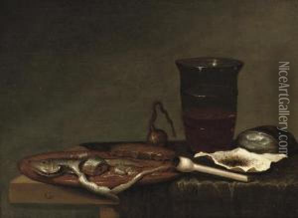 A Glass Of Beer, A Pipe With Tobacco And A Sliced Herring, All On Apartially Draped Table Oil Painting - Gerrit Van Vucht