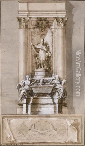 Design For The Tomb Of Pope Clement Xi Albani With Allegories Of Strength And Religion Flanking A Sarcophagus Oil Painting - Pietro Bracci