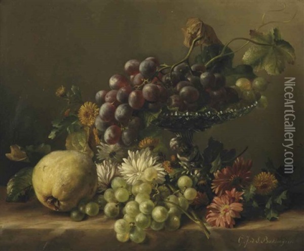 A Quince, Dandelions, Daisies, Dahlia's, And A Plateau With Grapes, All On A Ledge Oil Painting - Gerardina Jacoba van de Sande Bakhuyzen