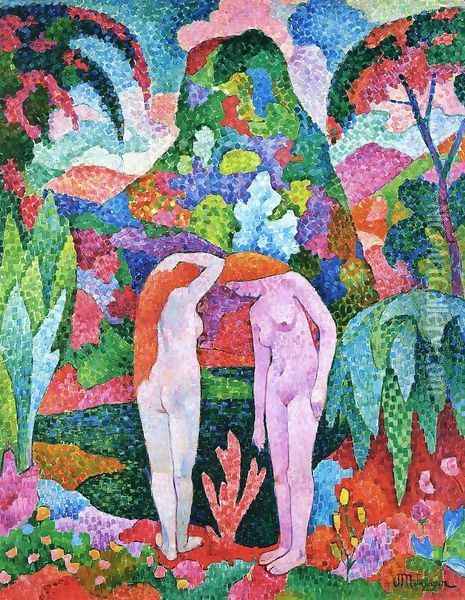 Bathers: Two Nudes in an Exotic Landscpe Oil Painting - Jean Metzinger