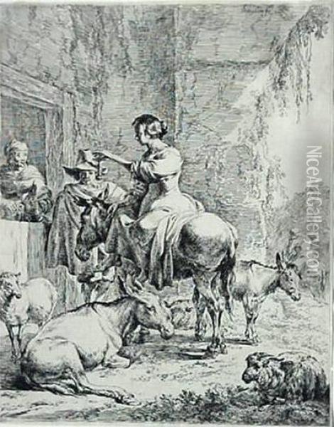 The Halt At The Inn- Etching Trimmed To Plate Line. 10 3/8 X 8'' Oil Painting - Nicolaes Berchem