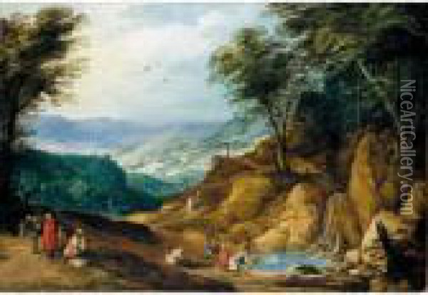 An Extensive Mountainous 
Landscape With Washerwomen And Other Figures Resting By A Waterfall Oil Painting - Joos De Momper
