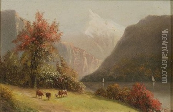 Mountain Landscape With Cattle (+ Another, Similar; 2 Works) Oil Painting - Louis Aime Japy