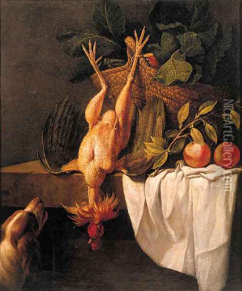 A spaniel watching a dead cockerell hanging from a basket Oil Painting - Pierre van BOUCLE (BOECKEL)
