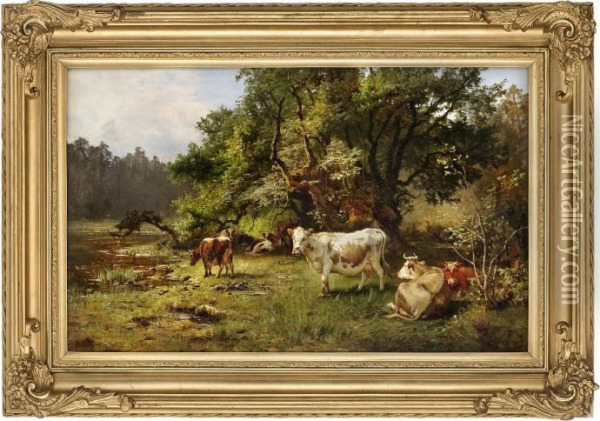 Cattle At The Watering Place Oil Painting - Anders Monsen Askevold