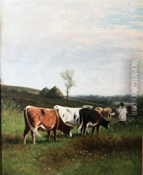 Cattle And Farmer In A Landscape Oil Painting - William Frederick Hulk