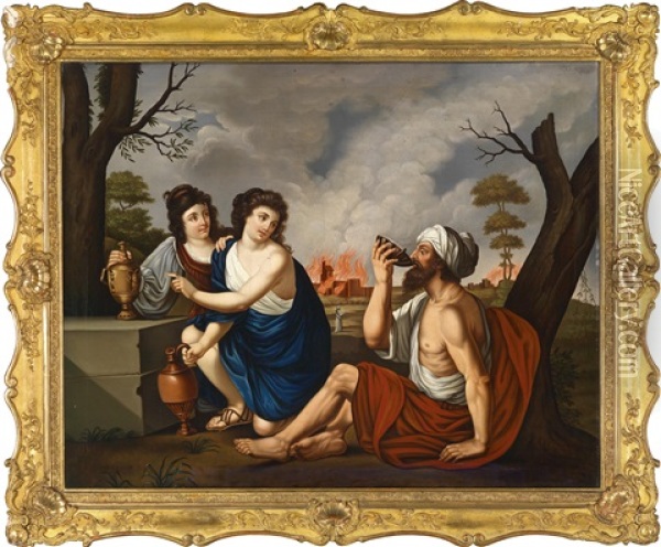 Lot Mit Seinen Tochtern, Im Hintergrund Das Brennende Gomorrha Oil Painting - Josef Worlicek