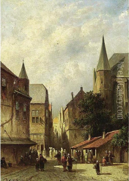 A Village Scene With A Church In The Background Oil Painting - Pieter Gerard Vertin