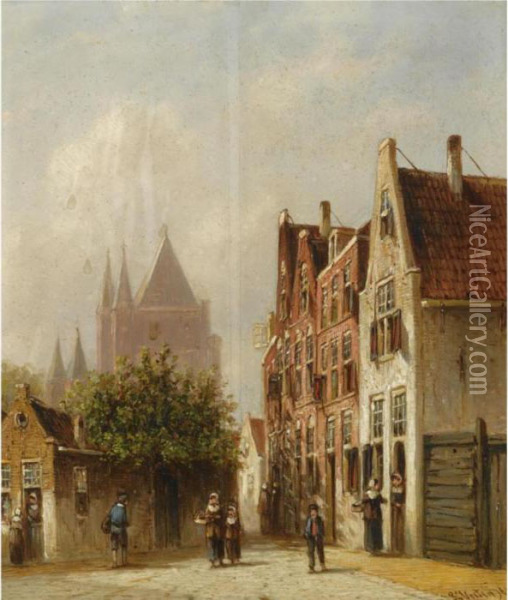 Figures In The Streets Of A Sunlit Town Oil Painting - Pieter Gerard Vertin