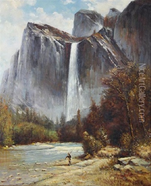 At The Foot Of Bridal Veil Falls Oil Painting - Thomas Hill