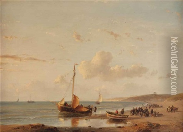 A Moored Fishing Vessel On The Beach Of Scheveningen, With Pavilion Von Wied In The Distance Oil Painting - Andreas Schelfhout