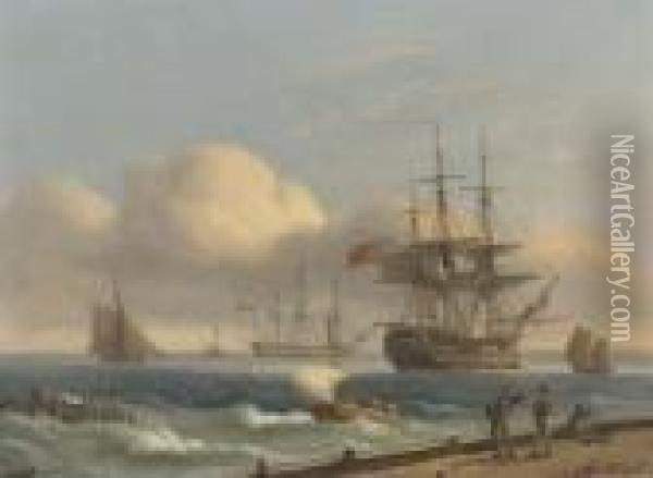 Royal Naval Warships Lying At Anchor In A Stiff Breeze Oil Painting - Thomas Luny