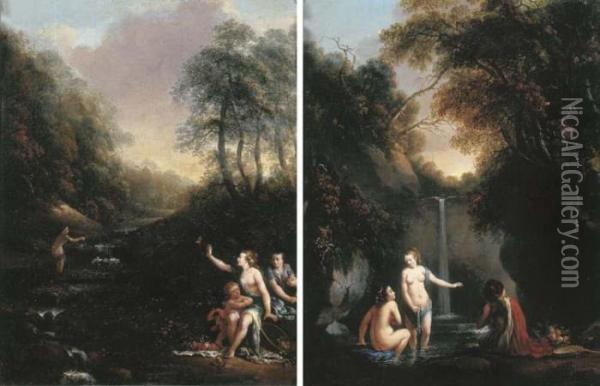 A Wooded Landscape With Nymphs 
Bathing By A Waterfall; And A Woodedlandscape With Nymphs And Cupid 
Bathing Oil Painting - Gerard de Lairesse