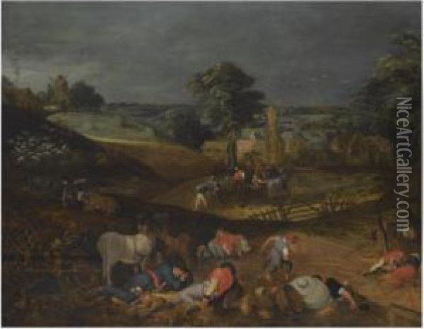 Landscape With Peasants 
Harvesting, While Others Rest In Theforeground, Or 'the Devil Sewing 
Tares' Oil Painting - Peeter Baltens