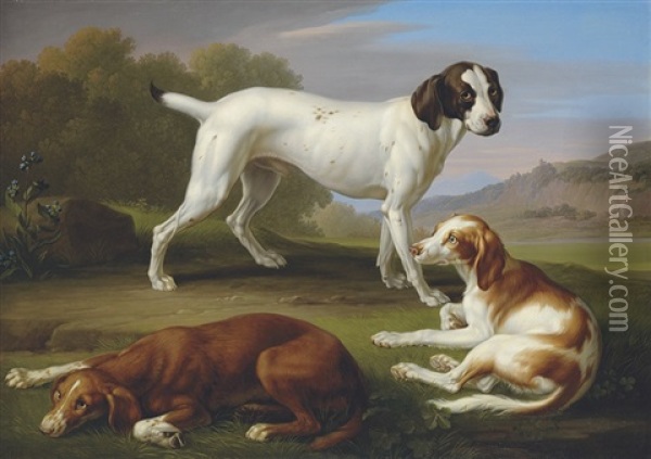 A Pointer And Two Setters In A Classical Landscape Oil Painting - Wenceslaus (Wenzel) Peter