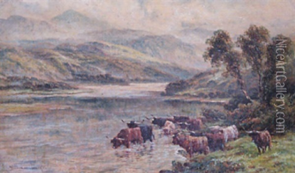 Cattle In Highland Landscape Oil Painting - William Langley