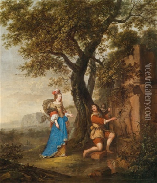 Eine Elegante Jagdgesellschaft Bei Der Rast An Einem Brunnen (diana, Cephalus Und Procris) Oil Painting - Nikolaus Knuepfer