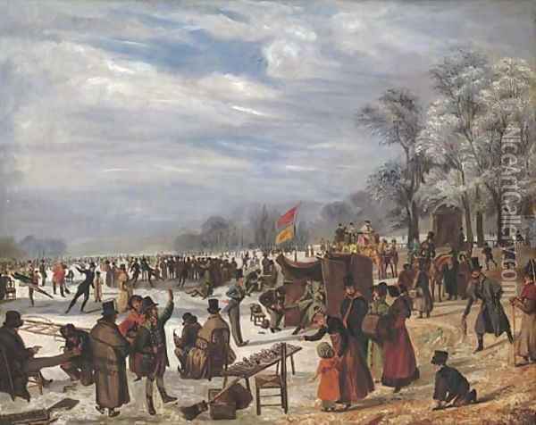 Skaters on a frozen lake Oil Painting - J. Baber