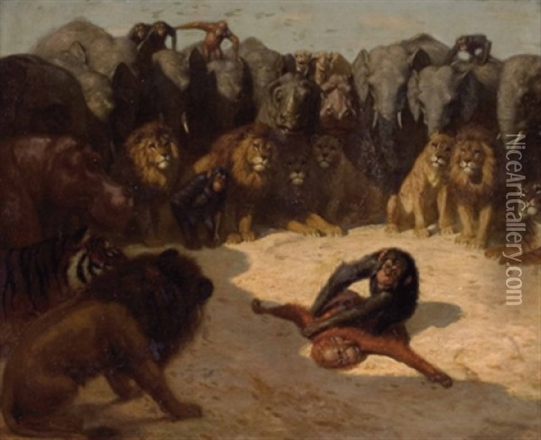 Streitende Affen Inmitten Von Afrikanischen Wildtieren Oil Painting - Gabriel von Max