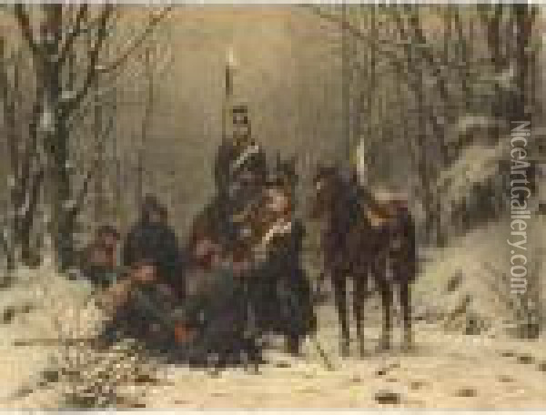 Prussian Soldiers Resting In A Winter Landscape. Oil Painting - Christian I Sell