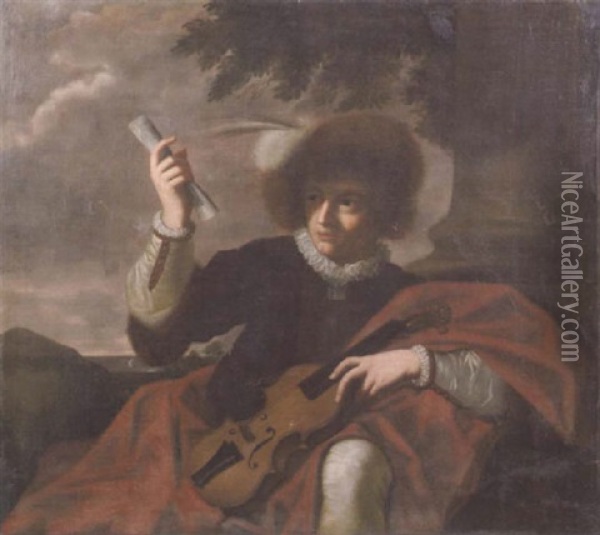 A Bravo Holding A Violin And Scroll Of Music Oil Painting - Donato Creti