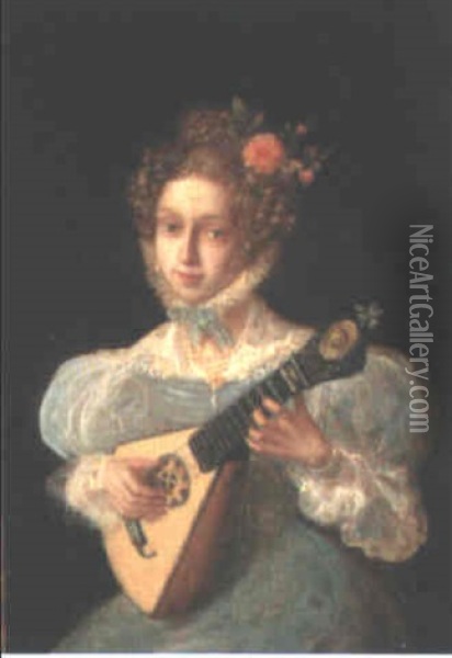 Portrait Of A Lady, Small Half Length, In A Blue Dress,     Playing A Lute Oil Painting - Jean-Auguste-Dominique Ingres