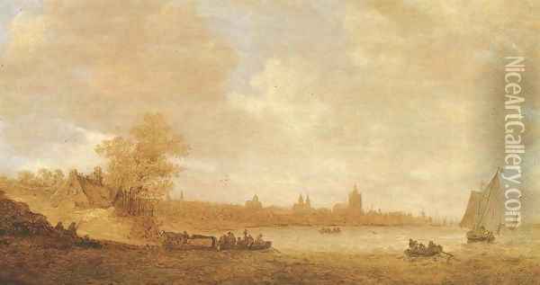 A cattle ferry and other shipping on the river Rhine, with the city of Arnhem beyond Oil Painting - Jan van Goyen