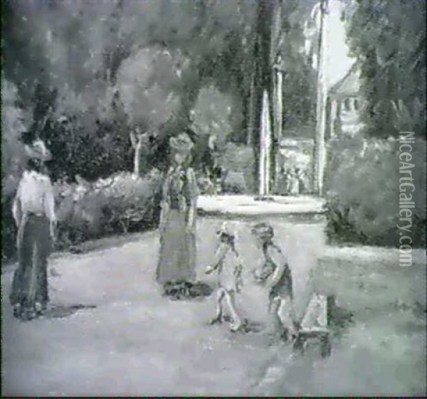 Park (park Des Palais Du Luxembourg In Paris?) Mit          Spielednen Kindern Und Spziergangerinnen Nahe Einer Fontaine Oil Painting - Lucien Adrion
