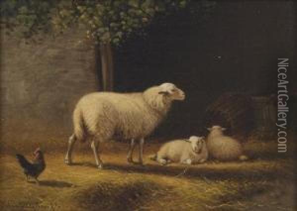 Ewe In A Stable With Her Twin Lambs Oil Painting - Joseph Van Dieghem