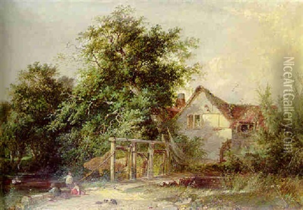 The Old Water Mill With Eel Nets Oil Painting - Henry John Boddington