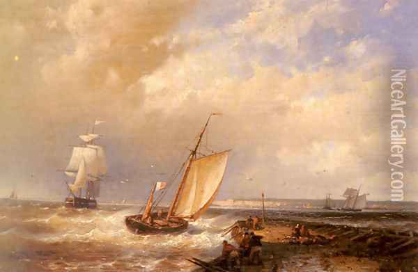 A Dutch Pink Heading Out To Sea, With Shipping Beyond Oil Painting - Abraham Hulk Snr