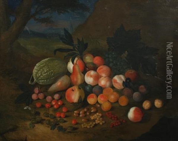 A Melon, Peaches, Oranges, Pears, Plums, Currants And Cherries Against A Bank Oil Painting - Louis (Lewis) Hubner